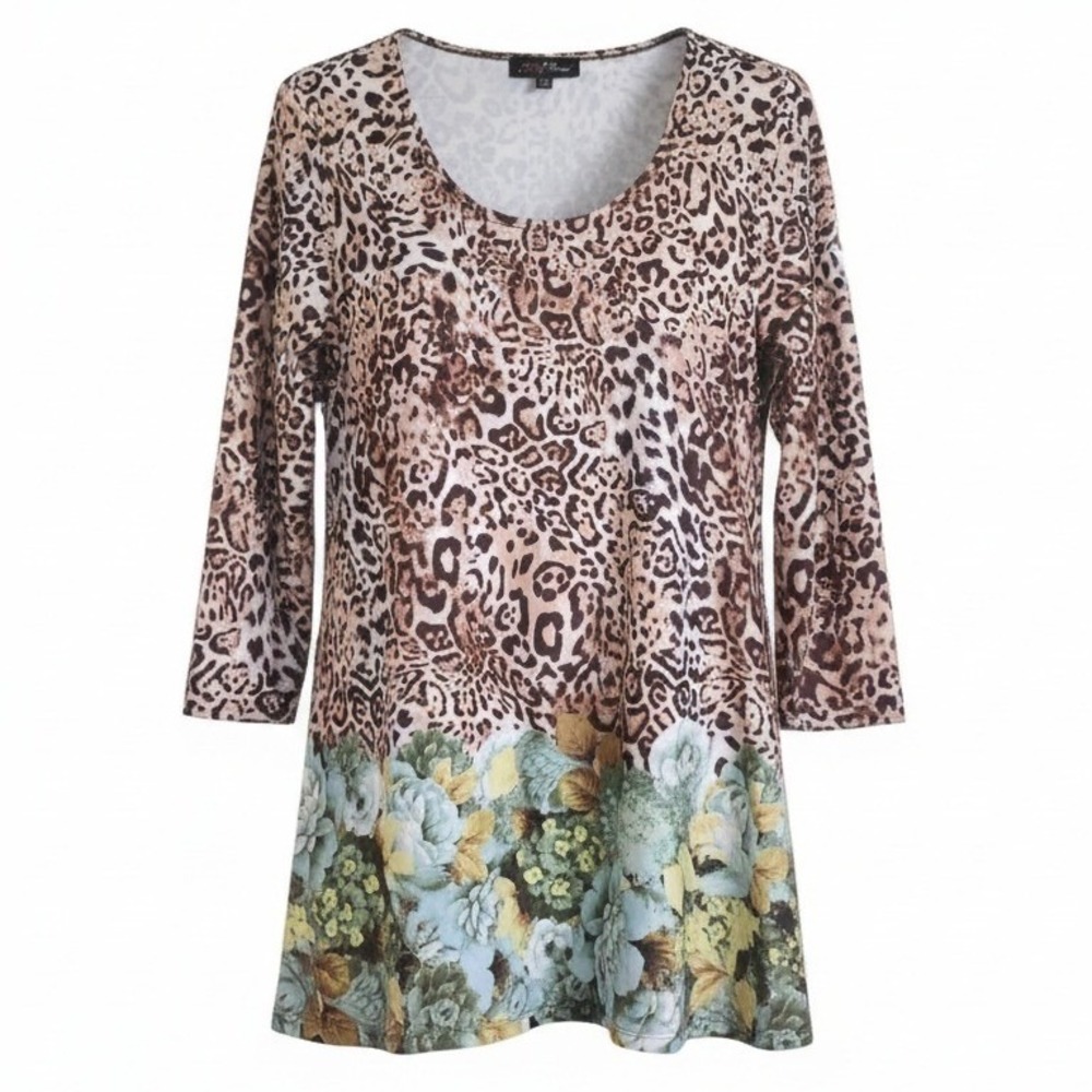 Slinky Brand M Animal Print‎ & Floral Top Blouse Stretch 3/4 Sleeve USA